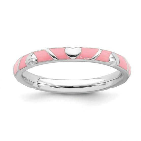 White Sterling Silver Ring Band Stackable Pink Expressions Enamel Heart