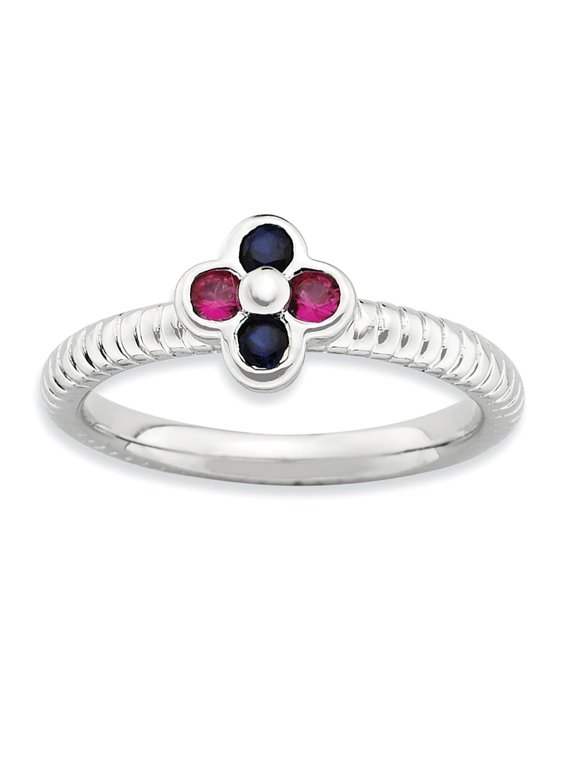 White Sterling Silver Ring Band Stackable Ruby, Lab Created Red Sapphire, Blue