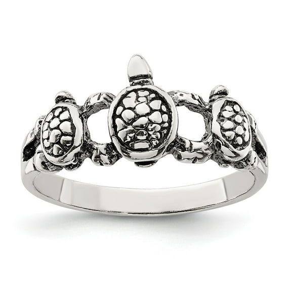 White Sterling Silver Ring Band Themed Antiqued Turtle