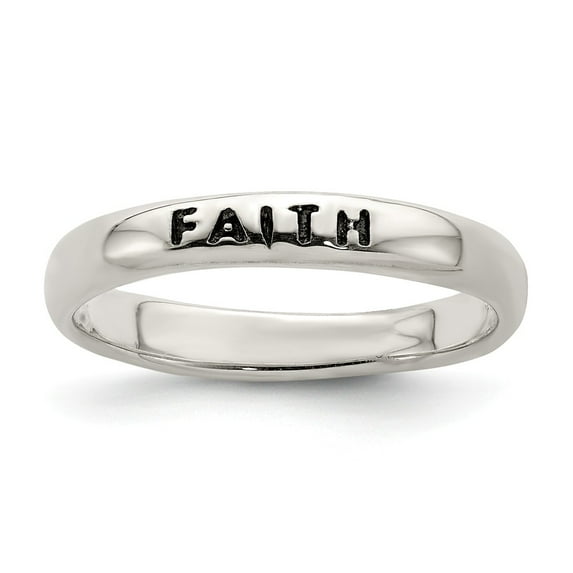 White Sterling Silver Ring Band Themed Antiqued and Polished Faith