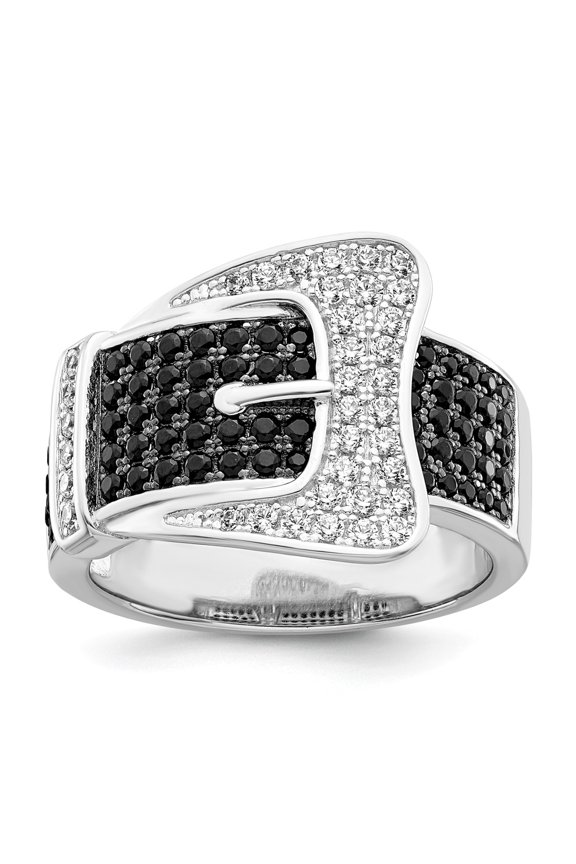 White Sterling Silver Ring Band Themed Cubic Zirconia CZ Black