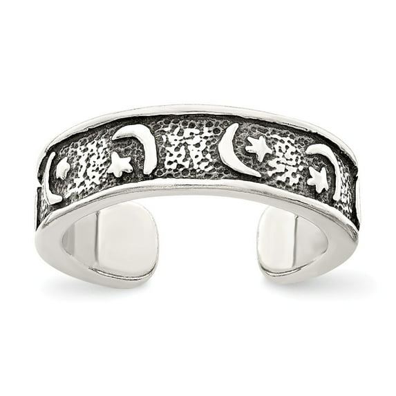 White Sterling Silver Ring Band Toe Antiqued Moon & Star, Size 5