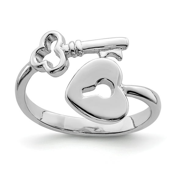 White Sterling Silver Ring Band Toe Rhodium-plated Heart Lock & Key, Size 8