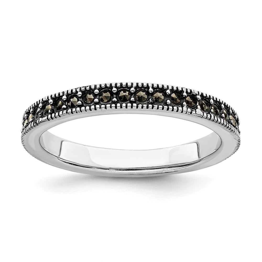 White Sterling Silver Ring Band Wedding Marcasite Round Black