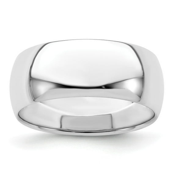 White Sterling Silver Ring Band Wedding Standard Rhodium-plated 8mm Half-Round