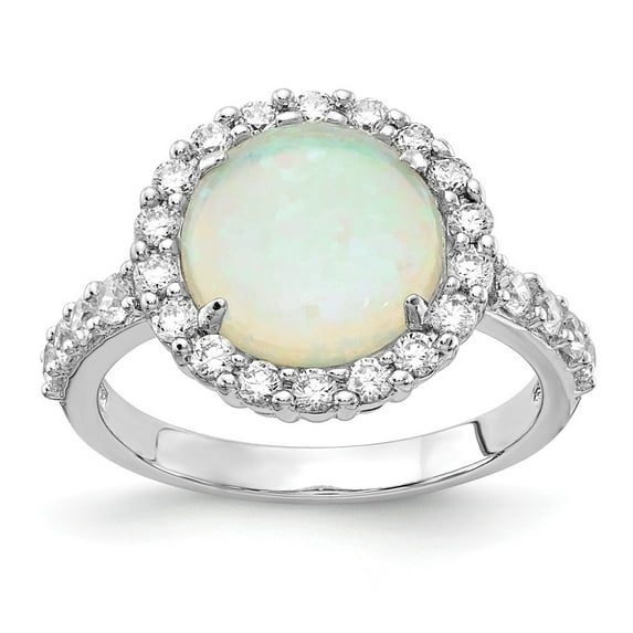 White Sterling Silver Ring Band with Stones Round (4 Prong) Cubic Zirconia CZ Opal, Lab Created Phenomena