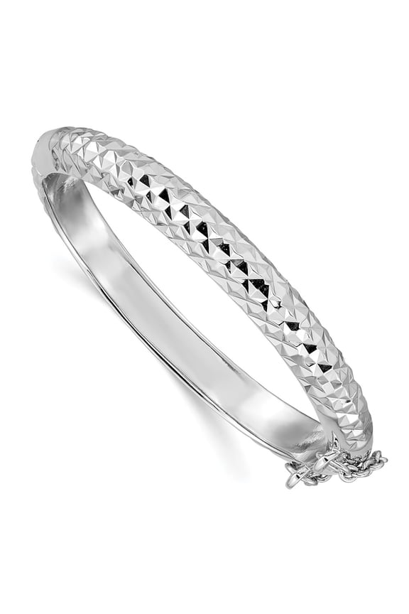 White Sterling Silver bracelet Bangle Diamond-cut Rhod. Plated diamond-cut with Safety Hinged Child's