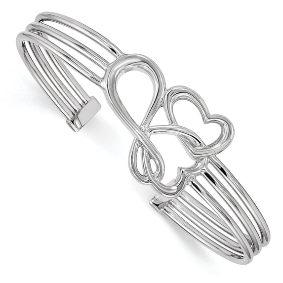 White Sterling Silver bracelet Cuff 7.6 mm Rhodium Plated Heart & Infinity Bangle