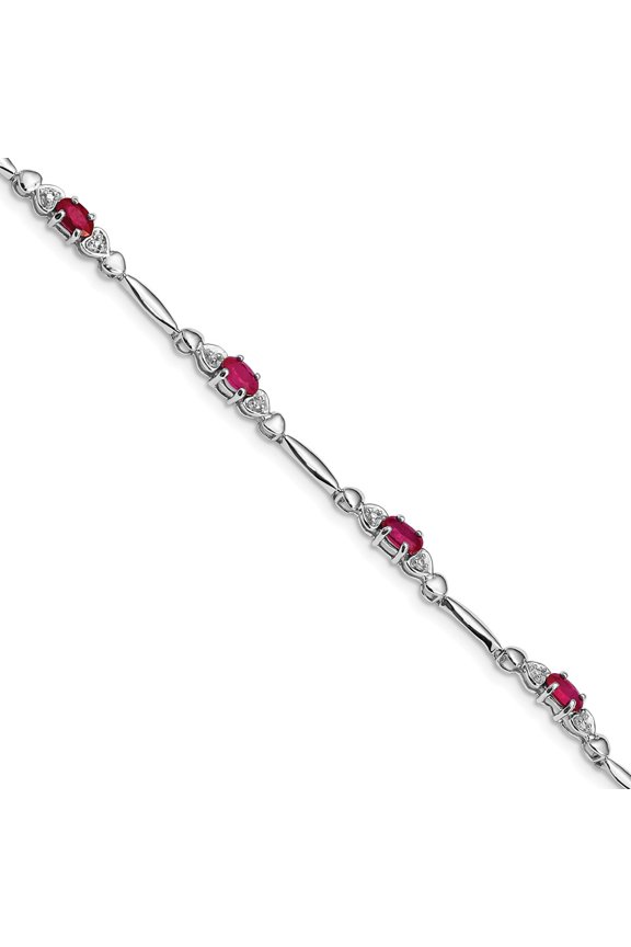 White Sterling Silver bracelet Gemstones Open Back Composite Ruby Oval Diamond Round 7 in 3 mm