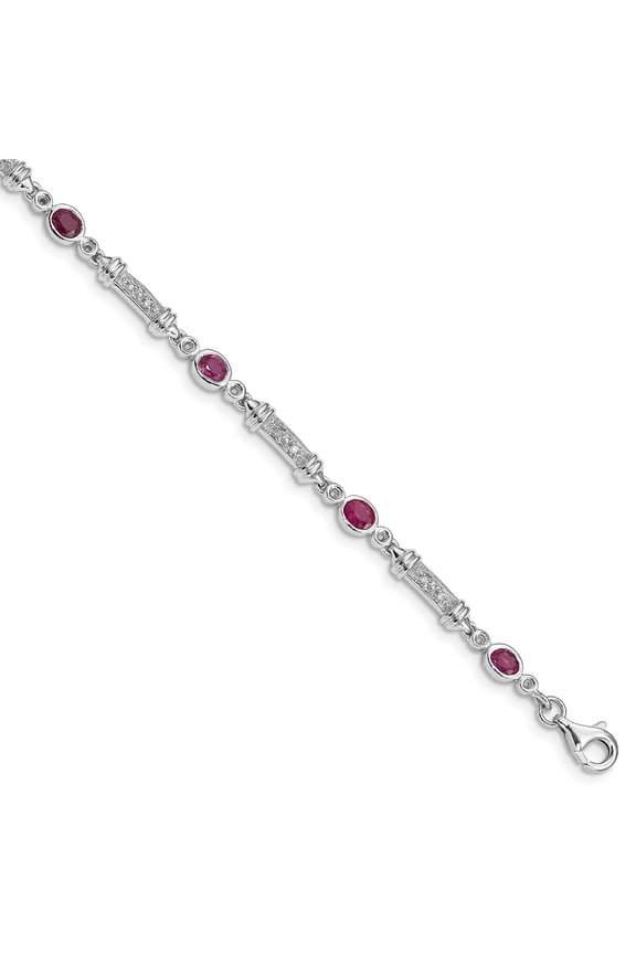 White Sterling Silver bracelet Gemstones Open Back Composite Ruby Oval Diamond Round 7 in 4 mm
