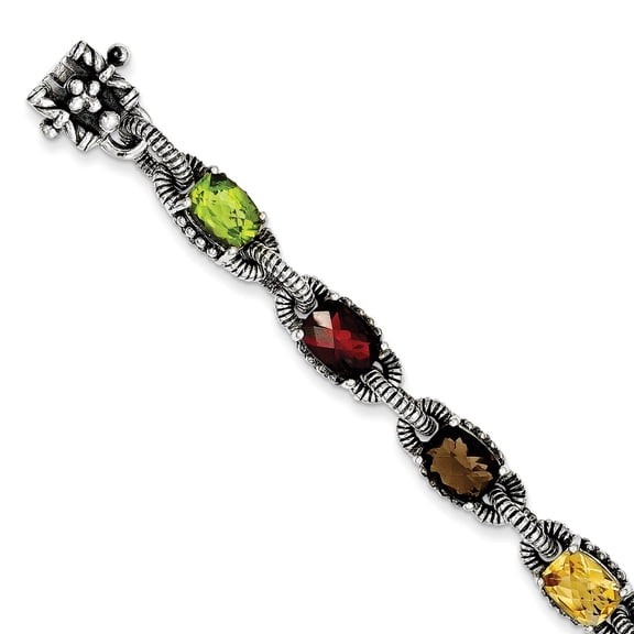 White Sterling Silver bracelet Gemstones Open Back Peridot Cushion Green Garnet Red Smoky Quartz Citrine Yellow Amethyst Purple 7.25 in 10 mm