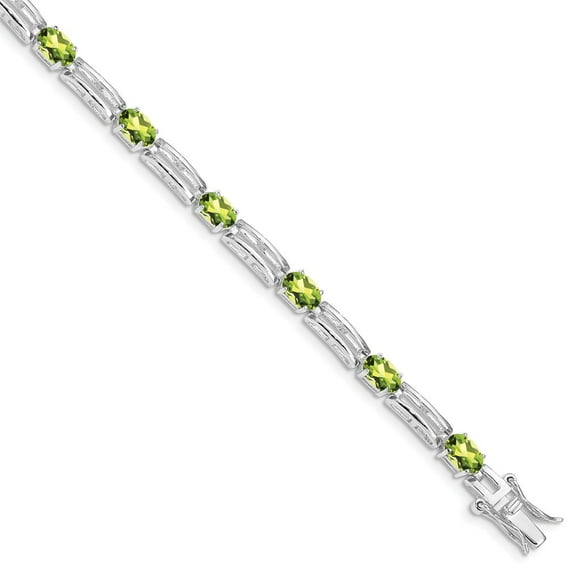White Sterling Silver bracelet Gemstones Peridot Oval Green Diamond Round 7 in 8 mm