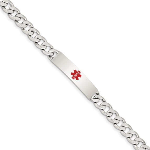 White Sterling Silver bracelet Medical Curb Red 7.5 in 9 mm 8