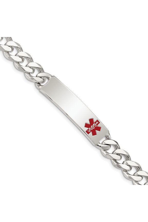 White Sterling Silver bracelet Medical Curb Red 8.5 in 10 mm 9
