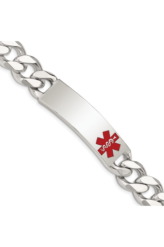 White Sterling Silver bracelet Medical Curb Red 8.5 in 13 mm 14