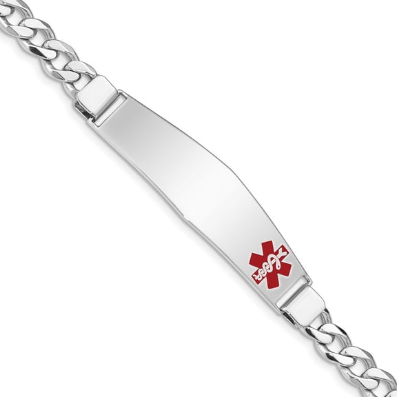 White Sterling Silver bracelet Medical Curb Red 8 in 6 mm