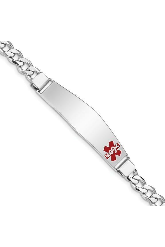 White Sterling Silver bracelet Medical Curb Red 8 in 6 mm