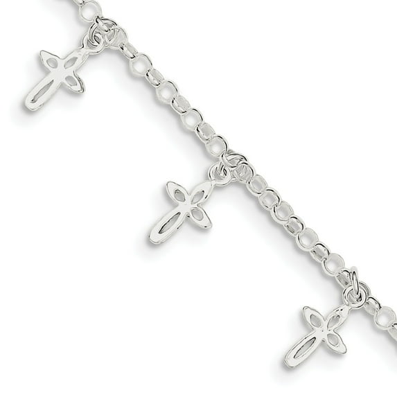 White Sterling Silver bracelet Themed 6 in 7 mm 3 Cross Charm Child's