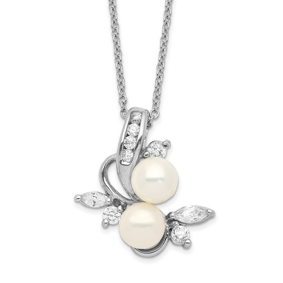 White Sterling Silver necklace Cable Pearl Cubic Zirconia CZ Clear Freshwater 18 in 20 mm 1