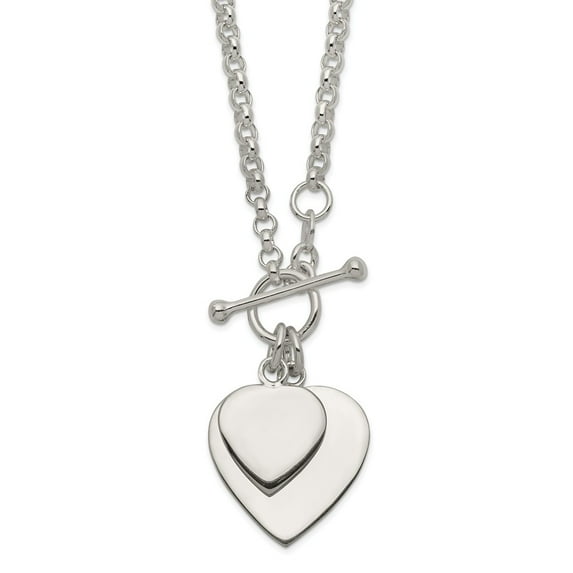White Sterling Silver necklace Themed 18 in 3 mm Double Heart Toggle