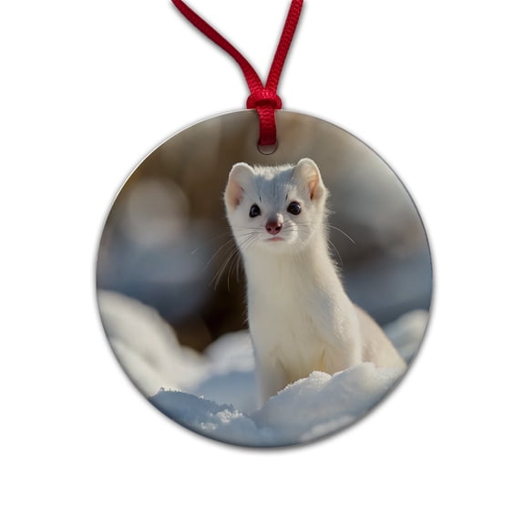 White Stoat Ermine In Snow Christmas Tree Holiday Round Ceramic Ornament
