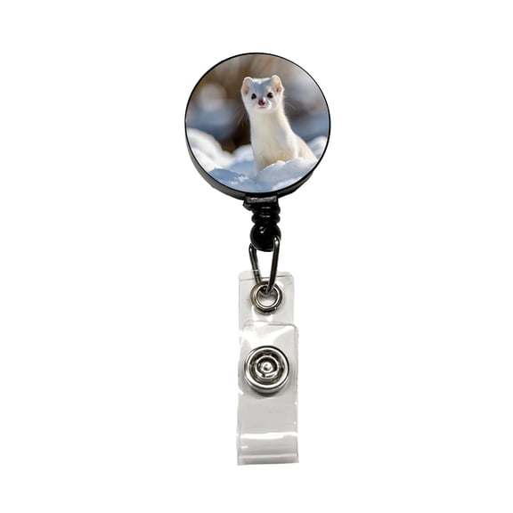 White Stoat Ermine In Snow Retractable Reel ID Badge Key Card Name Tag Holder with Clip