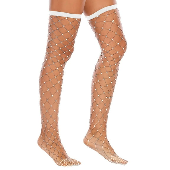 White Stockings Shiny Rhinestone Hot Drilling Fun Hollow Large Mesh Stockings Knee Length Drill Stockings