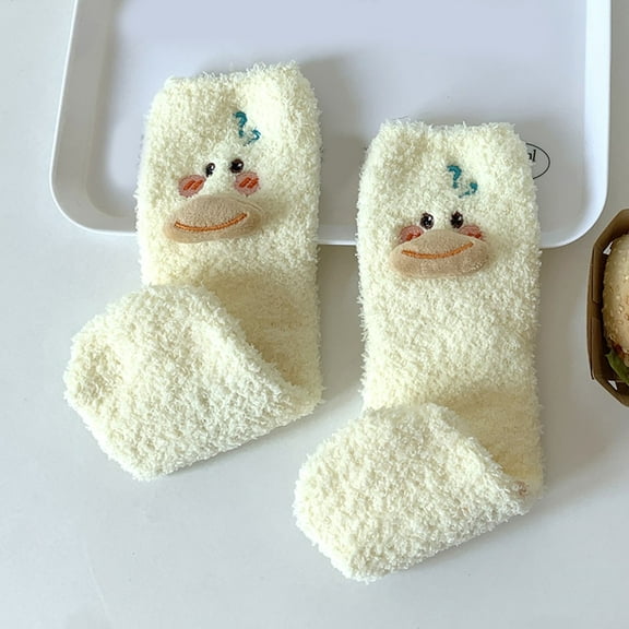 White Stockings Womens 3D Coral Velvet Socks Thickened In Winter Warm Sleep Socks Home Socks Cartoon Ducks Cute Floor Socks Medium Socks