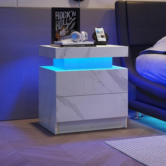 White Stone Nightstand - 2 Drawers & LED Lights - Stylish for Bedroom & Living Area