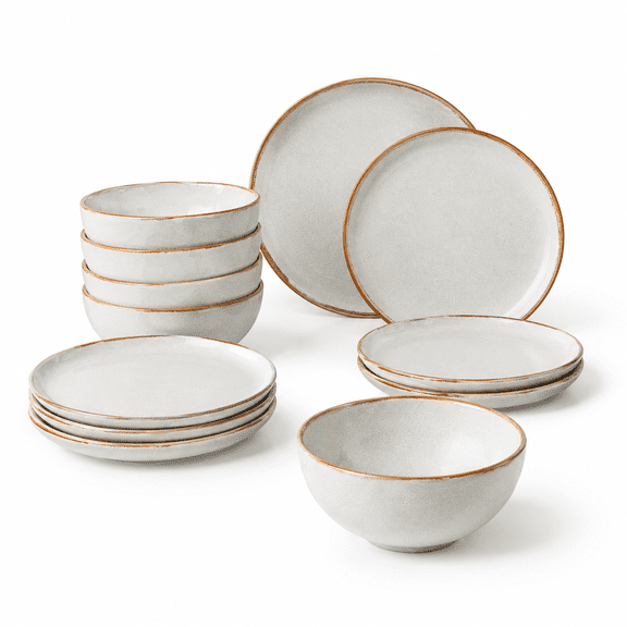 White Stoneware Dinnerware Set, Service for 4-12Pcs, Reactive Glaze Rustic Tableware