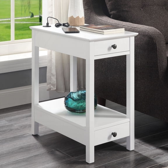 White Storage Accent Table with USB - Sturdy Wooden Legs & Ample Storage