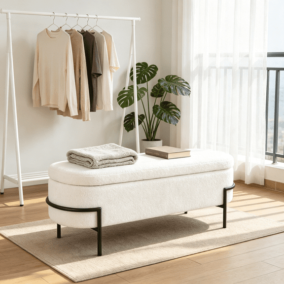 White Storage Bench Ottoman, Sherpa Ottoman Bench with Storage, Boucle Modern Bench for End of Bed (Queen Size), Bedroom, Living Room, 45"L
