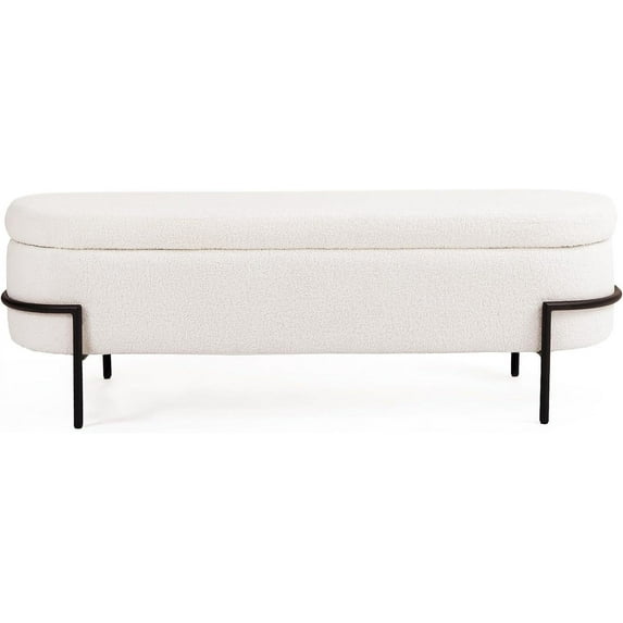 White Storage Bench Ottoman, Sherpa Ottoman with Storage, Boucle Modern Bench for End of Bed King Size, Bedroom, Living Room, 52''L