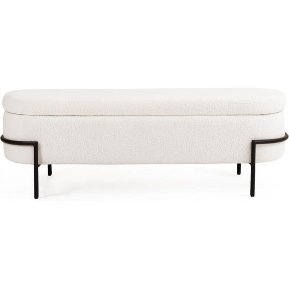 White Storage Bench Ottoman, Sherpa Ottoman with Storage, Boucle Modern Bench for End of Bed King Size, Bedroom, Living Room, 52''L