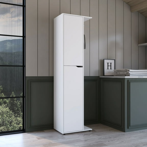 White Storage Broom Closet - Mop, Broom, Vacuum Organizer Extra Shelves For Cleaning Items Quality Particle Board Modern Cabinet 20.62 In. X 73.16 13.95 In Keep Brooms, Mops, Vacuums Organized