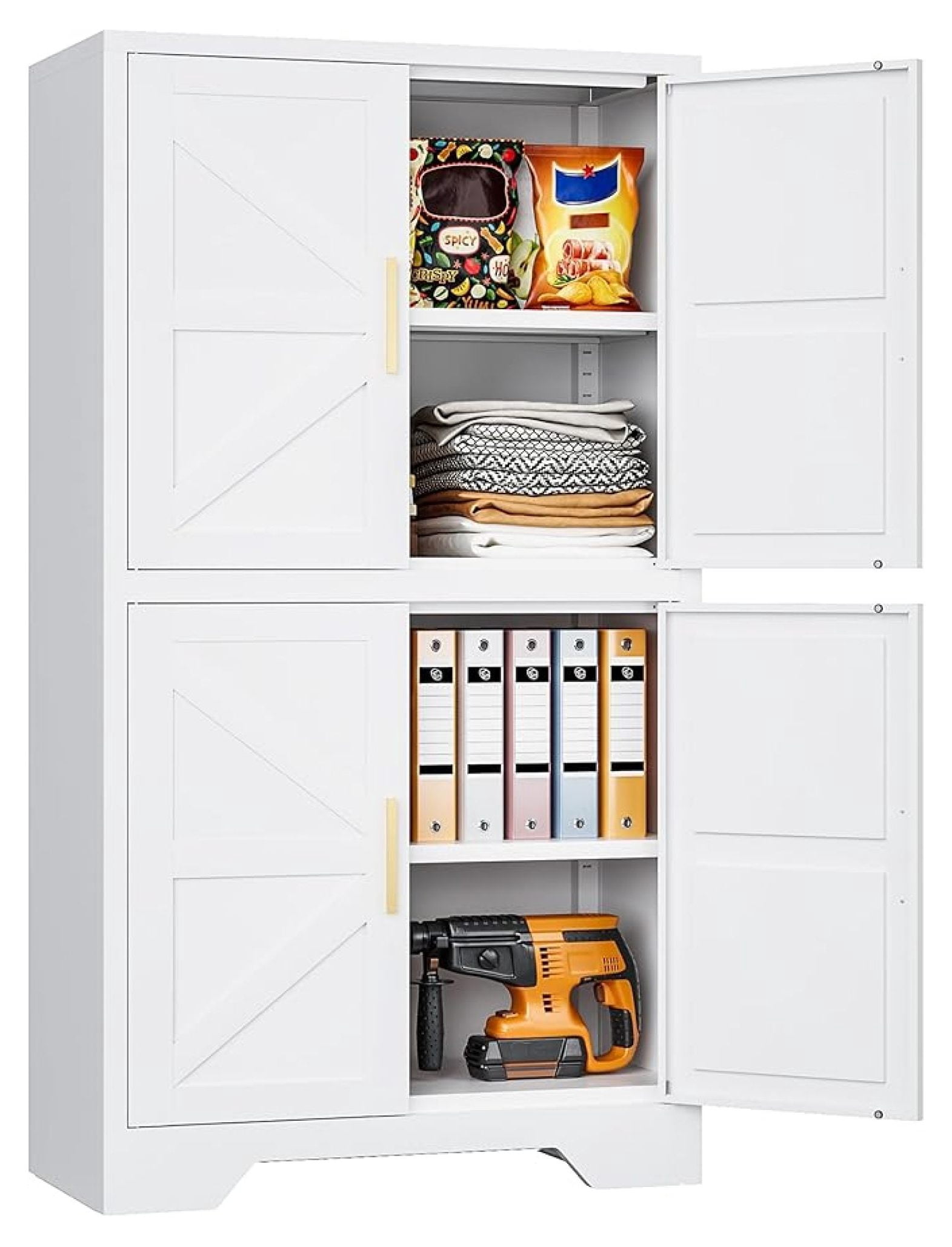 White Storage Cabinet with 4 Doors and 2 Adjustable Shelves,Farmhouse Food Pantry Cabinets,Small Bathroom Cabinet,4 Tier Metal Storage Cabinets for Home Kitchen,Dining/Living/Laundry/Room