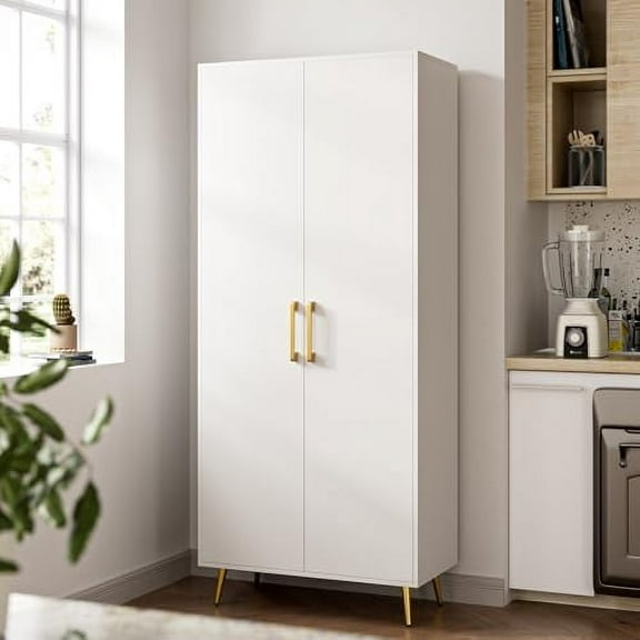 White Storage Cabinet - 69 Tall Storage Cabinet w/ 2 Doors and Adjustable Shelves, Freestanding Kitchen Pantry w/Gold Handles and Legs, Wooden Storage Cabinet for Kitchen