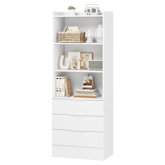 Mabor White Storage Cabinet Bookshelf with 3 Drawers, Tall Kitchen Pantry Bookcase with Storage Shelves for Home Office Living Room Study