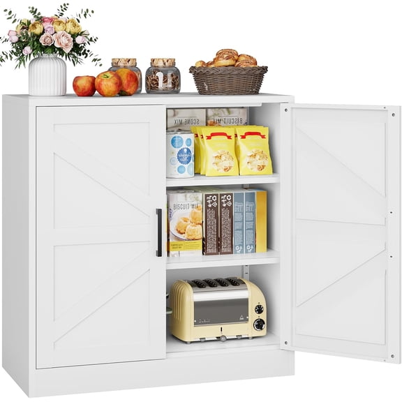 White Storage Cabinet with Doors and Adjustable Shelves,36" Farmhouse Food Pantry Cabinets,Small Sideboard Cabinet,Short Metal Storage Cabinets for Home Kitchen,Dining/Living/Laundry/Room