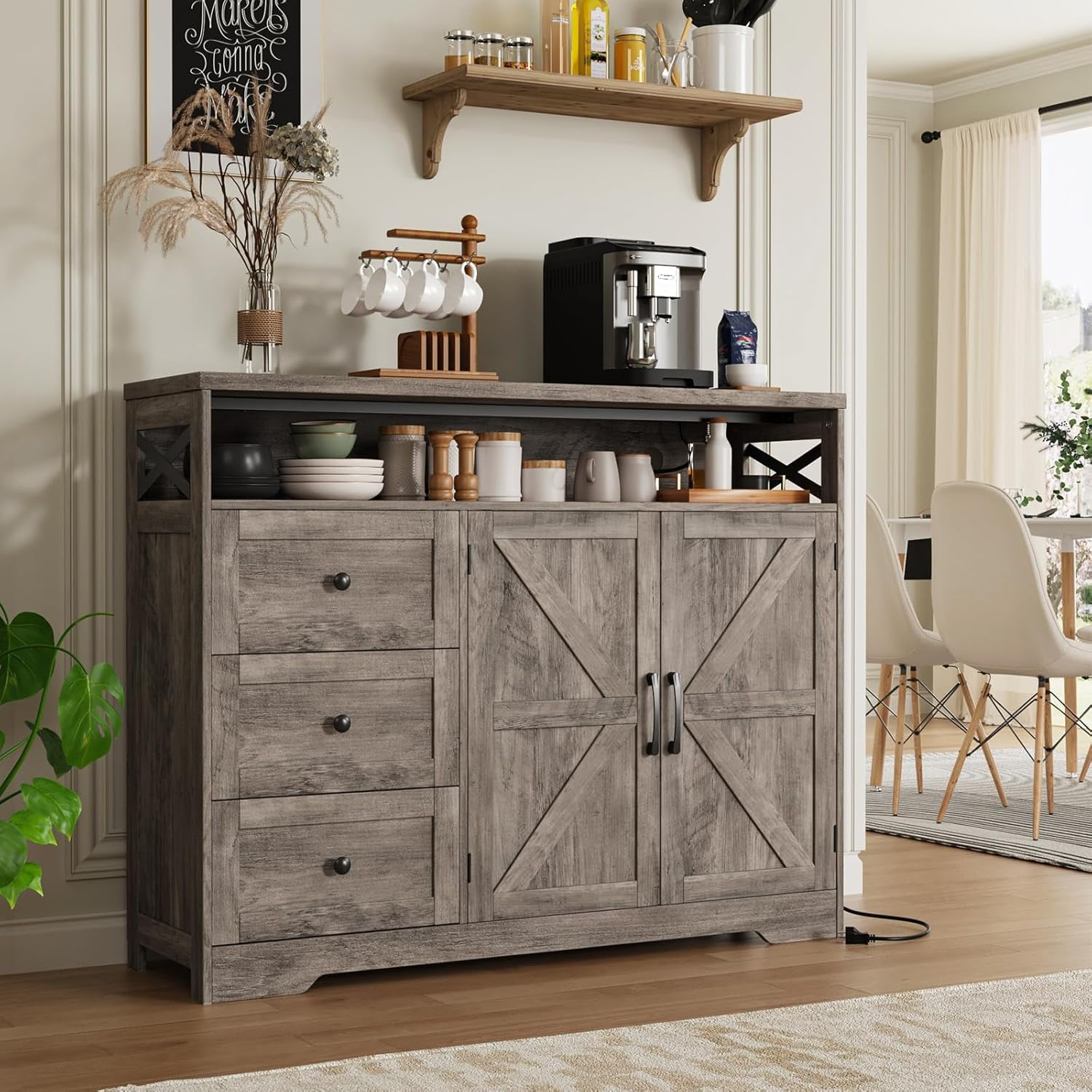 White Storage Cabinet with Doors and Drawers, Farmhouse Sideboard ...