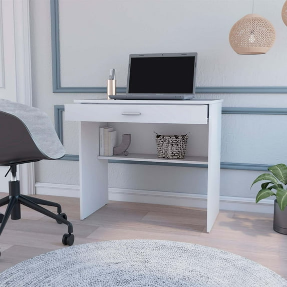 White Storage Desk With Drawer And Shelf
