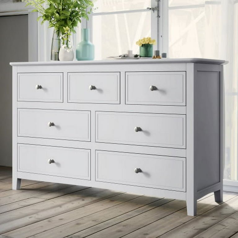 White Storage Dresser Solid Wood 7 Drawer Storage Double Chest