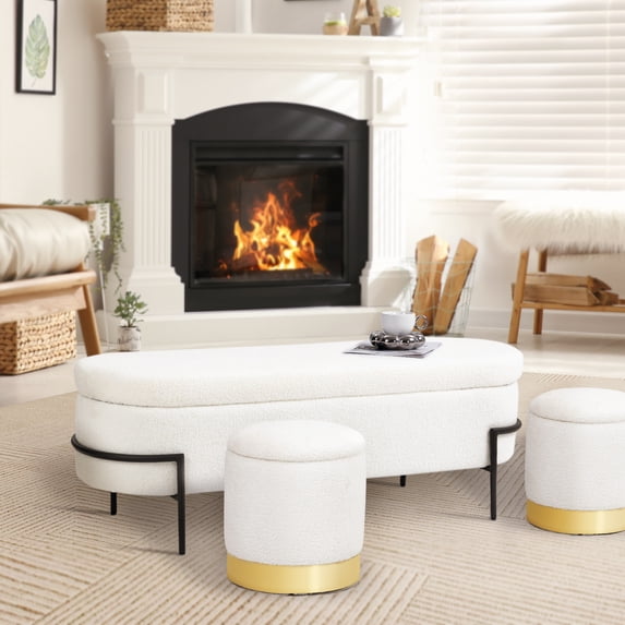 White Storage Ottoman Bench with Metal Stand, Upholstered Stool with Large Storage Space, Modern Storage Bench for Living Room/Bedroom/End of Bed/Entryway/Bed Side, 45.3''L