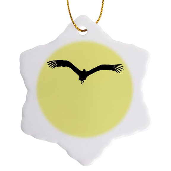 3drose, White Stork Bird in Flight Vector Black Silhouette, 3 inch Snowflake Porcelain Ornament