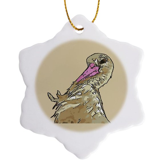 3drose, White Stork with Incredulous Expression Black Outline Art, 3 inch Snowflake Porcelain Ornament