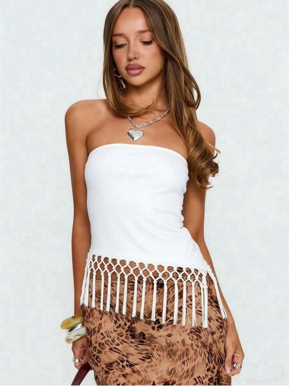 White Strapless Crop Top With Macrame Fringe Trim Asymmetrical Hem