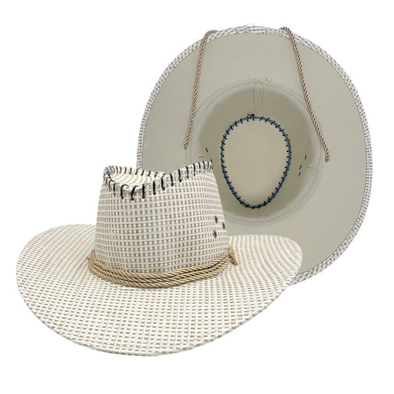 VONCOS White Straw Cowboy Hat Western Style Wide Brim Sun Protection Breathable Unisex for Outdoor Festival Concert Beach Rodeo Adjustable,Size M