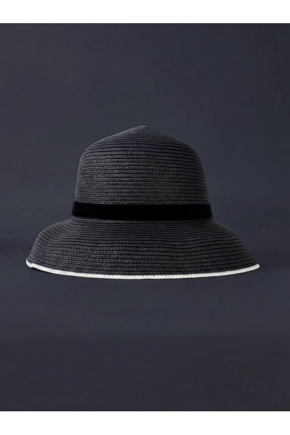 White Straw Sun Hat for Women, Wide Brim Summer Beach Hat, Elegant Black Bow Ribbon Detail, Vacation Travel Hat, Classic Floppy Sun Hat