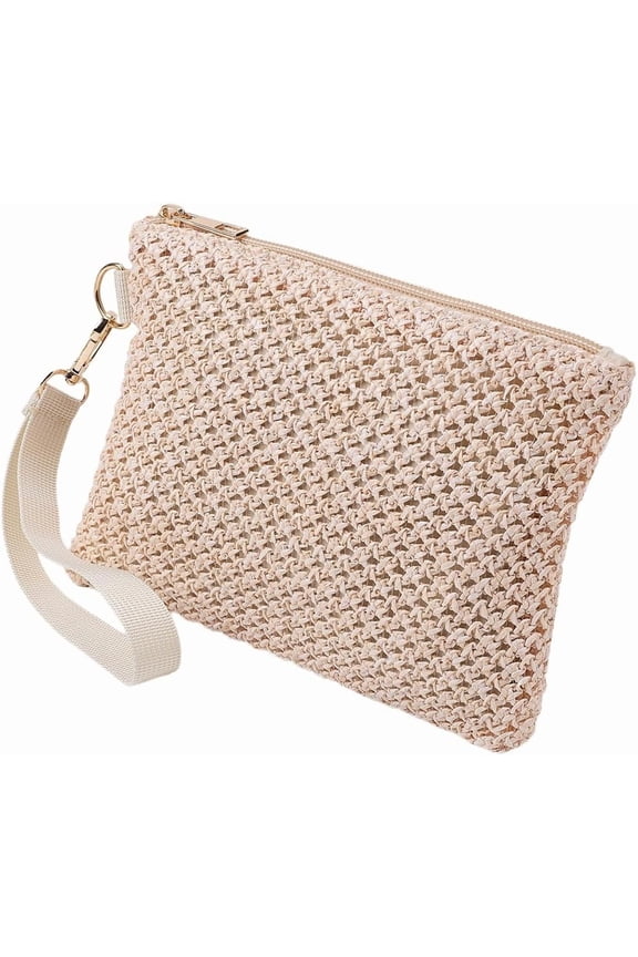 Off White Straw Woven Cosmetic Pouch Beach Straw Purses Portable Vacation Travel Storage Clutch Bags for Outdoor Camping Toiletry Makeups Organiser Hawaii Zipper Handbags 8.3x6in DIY