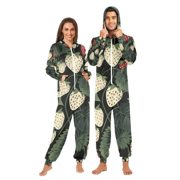 White Strawberries Adult Onesie Pajamas Slim Fit Christmas One Piece Suit Pjs for Women and Men Hooded Zipper